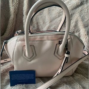 NEW REBECCA MINKOFF crossbody tote in baby pink pebbled leather.
